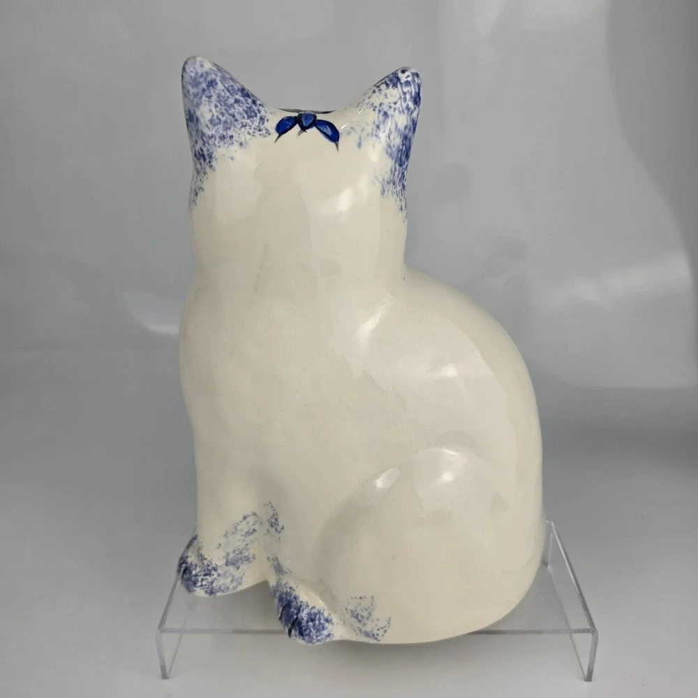 Vintage Blue White Cobalt Spongeware Ceramic Cat Figurine Large Sitting Folk Art